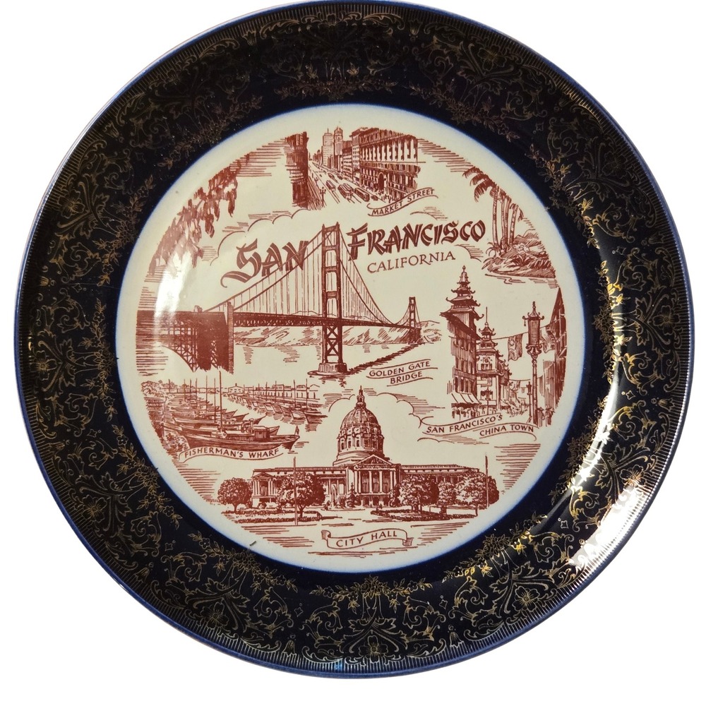 Vintage San Francisco California Souvenir Plate Cobalt Blue Gold Landmarks 10in